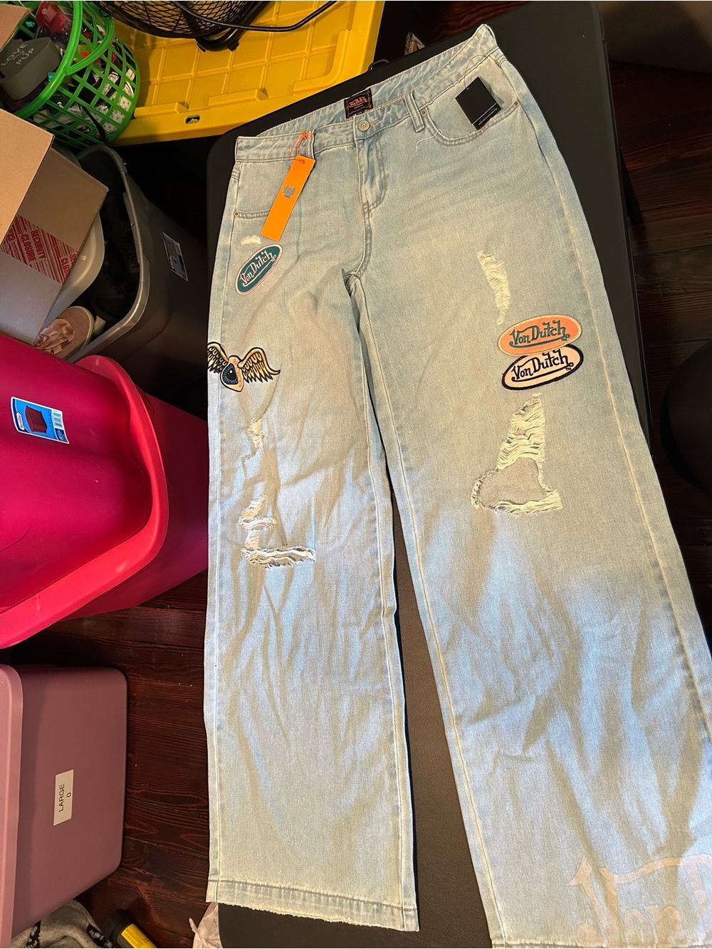Von Dutch Light Blue Patchwork Ripped Jeans 7 nwt